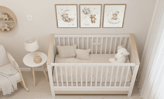 Nursery with white crib, side table with lamp, chair and three framed bear prints.