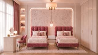 Girls Bedroom matching pink tufted velvet beds in sophisticated room Dusty Rose