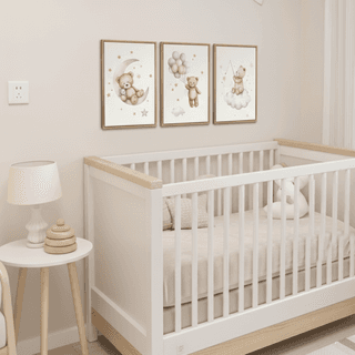 Nursery with white crib, teddy bear art prints, side table with lamp and stacking toy.