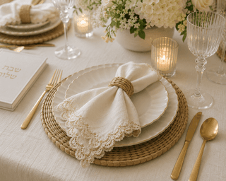 Shabbos Setting - white-tablecloth-tablescape