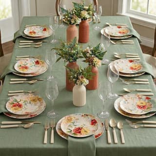 beautiful floral pattern in rich, warm hues of yellow, orange, and red, perfectly complemented by a subtle sage-green linen tablecloth