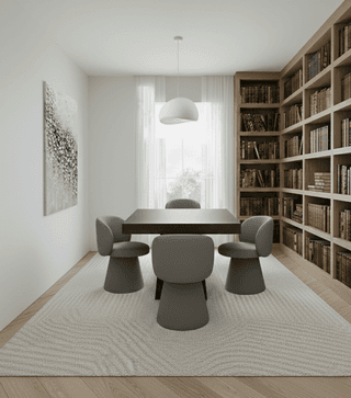 Dining room with gray chairs, dark table, light rug, white walls, modern light fixture, and built-in bookshelf.