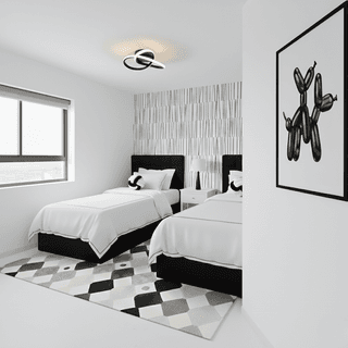 Bedroom with two twin beds, patterned rug, and balloon animal art.