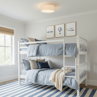 Bedroom with white bunk beds, blue bedding, and blue and white striped rug.
