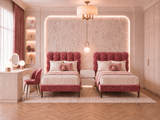 Girls Bedroom modern gold and fabric drum chandelier over pink beds dusty Rose DIY