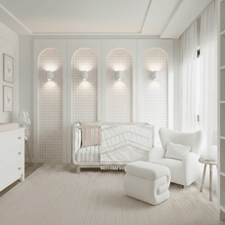 Whimsical girls’ nursery with plaid and gingham accents, featuring a Storkcraft crib, beige and ivory rug, arched accent wall panels with LED wall lights, and soft neutral tones. Storybook-inspired baby room design with cozy, cottage-style details.”