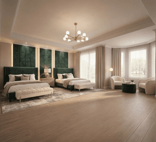 Luxury master bedroom with two emerald velvet beds, neutral bedding, and a green panel accent wall centered between beds