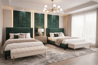 Modern bedroom accent wall with emerald green velvet panels adding texture and a bold focal point