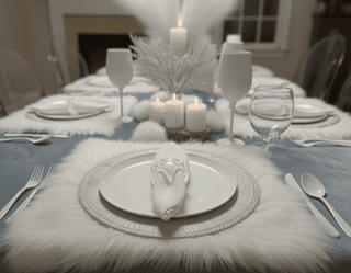 Winter-themed tablescape: white plates, faux fur placemats, candles, and silver utensils.