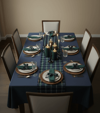 Dining table set with blue tablecloth, plaid runner, green candles, rattan chargers, and green napkins with ribbons.