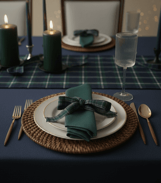 Table setting with woven placemats, white plates, forest green napkins with plaid bows, candles, and blue tablecloth.