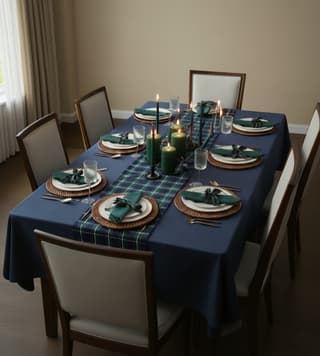 Dining table set with blue tablecloth, tartan runner, woven placemats, green napkins, candles.