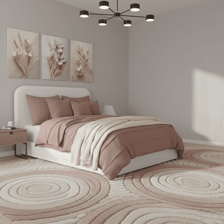Bedroom with white bed, dusky rose bedding, floral art, and circular patterned rug.