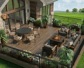 Serenity Grove features a modern outdoor patio with cozy seating, a fire pit, and a stylish dining area.