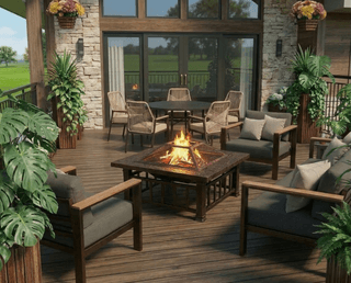 Relax in comfort with a cozy patio couch set centered around a modern outdoor fire pit.
