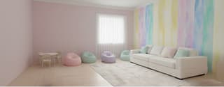 Pastel room with white sofa, rug, table, and chairs. Beanbag chairs in pink, green, and purple. Watercolor striped wall.