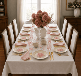 Blush pink and gold elegant tablescape with floral centerpiece and porcelain plates