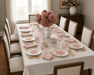 Side view of blush pink and gold dining table with floral centerpiece and layered place settings