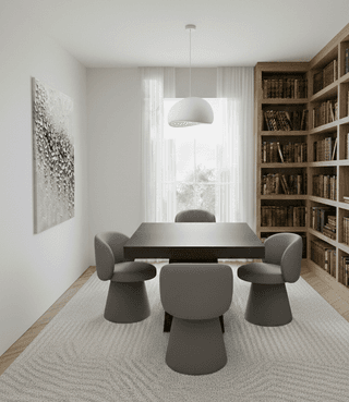 Dining area with gray chairs, square table, light fixture, bookshelf, textured rug, and artwork.