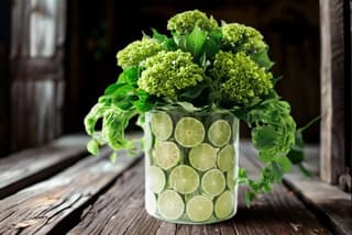 Floral arrangement with green hydrangeas in a vase decorated with lime slices.