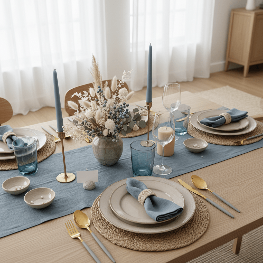 Elegant table setting with blue runner, woven mats, ceramic plates, gold cutlery, and floral centerpiece.