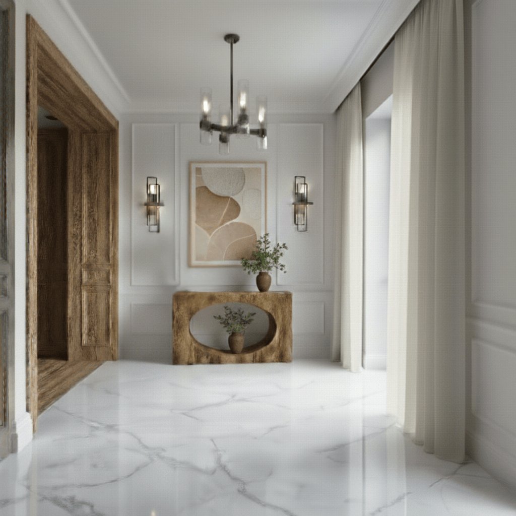Styled oak entry console table with rustic farmhouse decor, greenery, and layered accents in a modern foyer