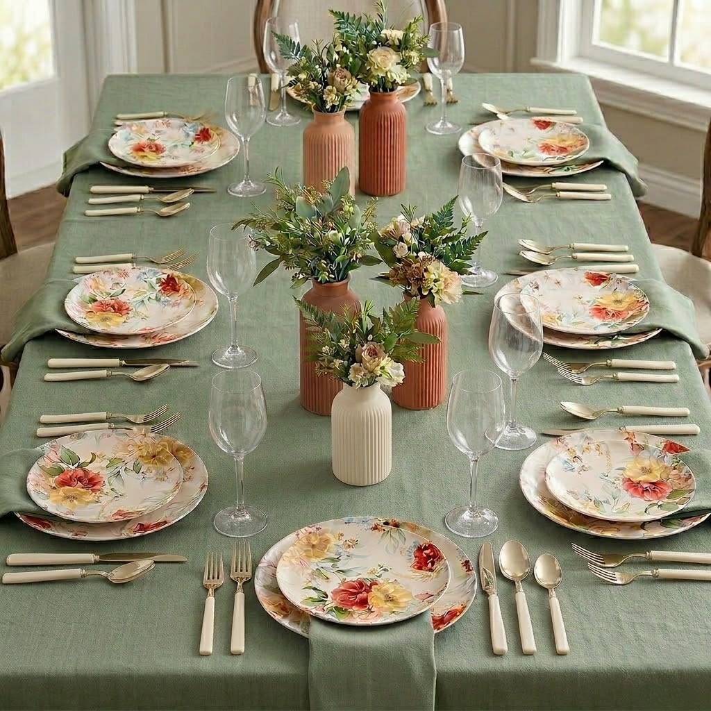 beautiful floral pattern in rich, warm hues of yellow, orange, and red, perfectly complemented by a subtle sage-green linen tablecloth