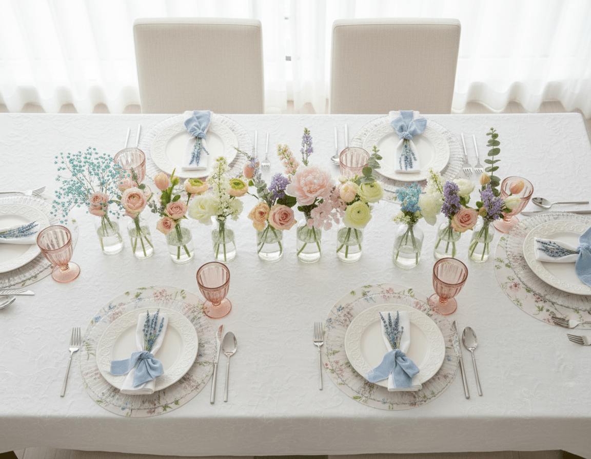 Overhead shot of a table set for four with floral accents and place settings.