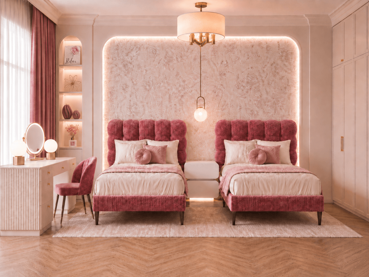Girls Bedroom modern gold and fabric drum chandelier over pink beds dusty Rose DIY