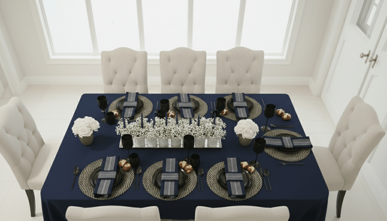 Overhead view of dining table set with navy tablecloth, beige chairs, and floral centerpiece.