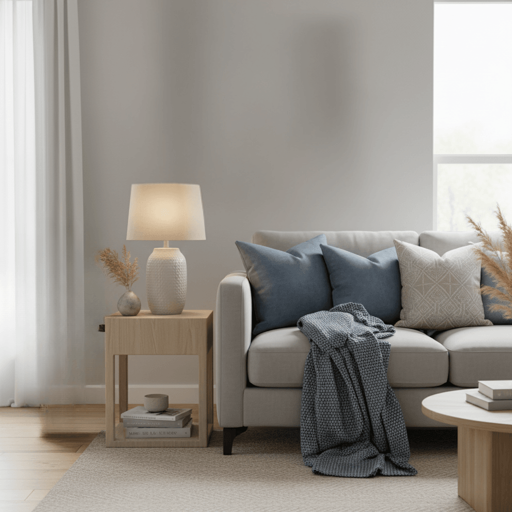 Living room with sofa, pillows, blanket, lamp on side table, and coffee table.
