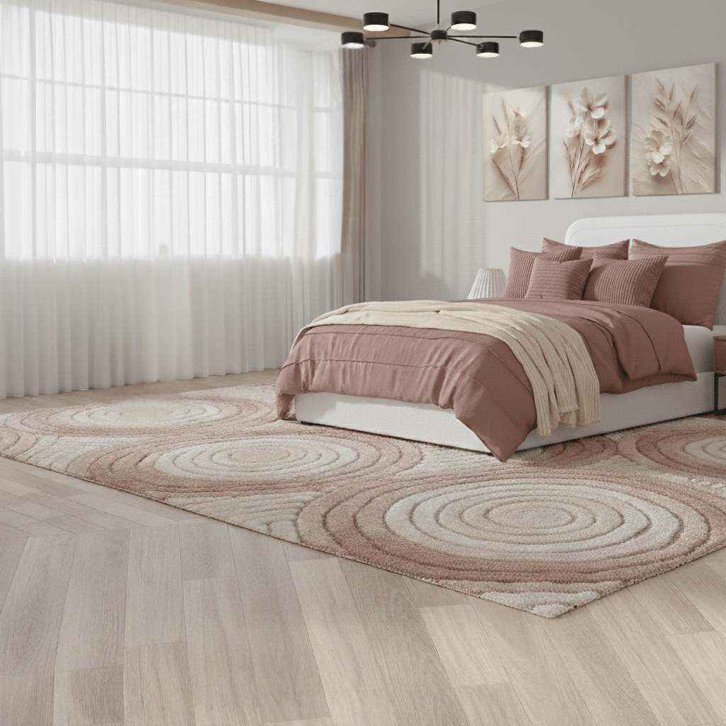 Bedroom with white bed, mauve bedding, patterned rug, and floral wall art.
