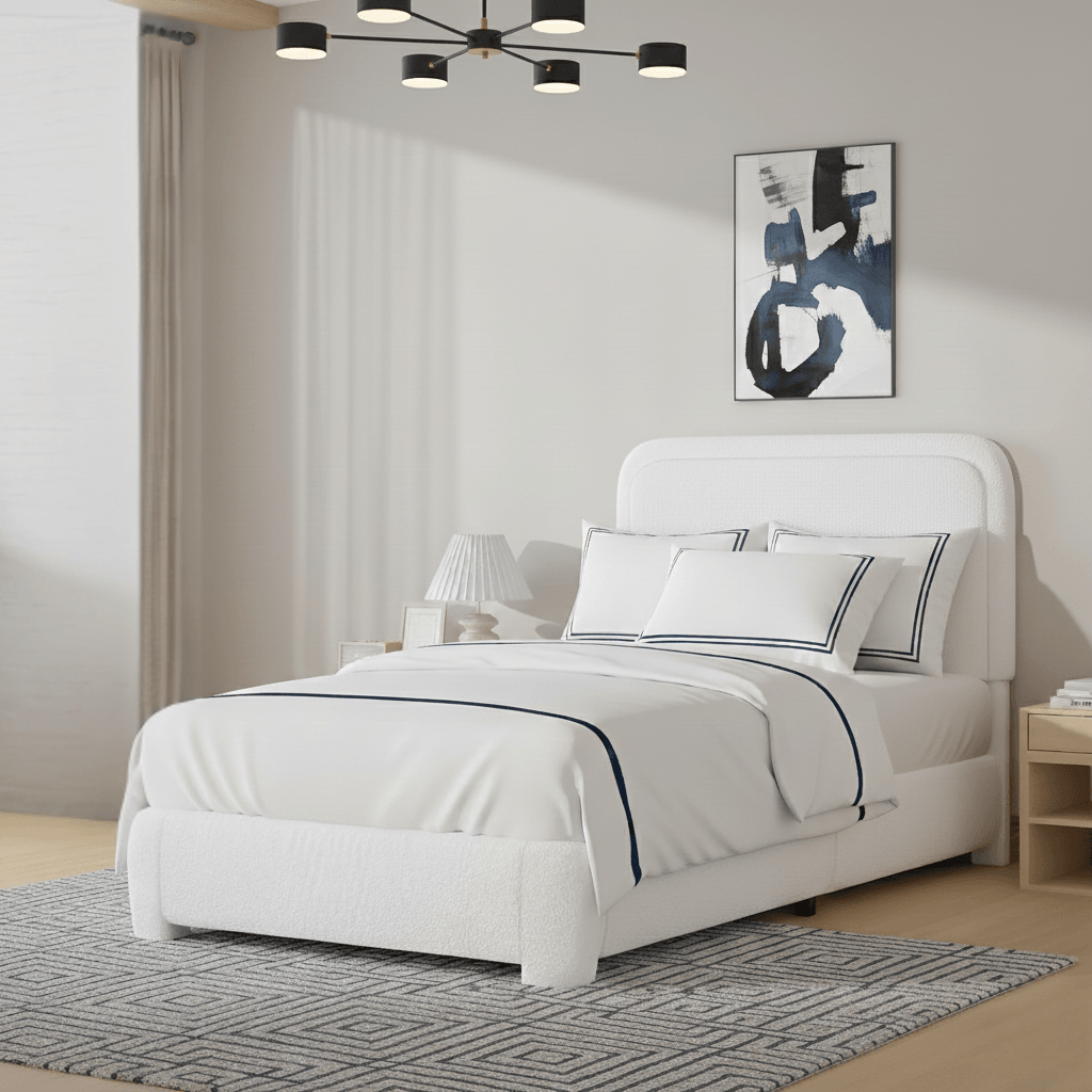 Bedroom with white textured bed, striped rug, abstract art, and modern chandelier.